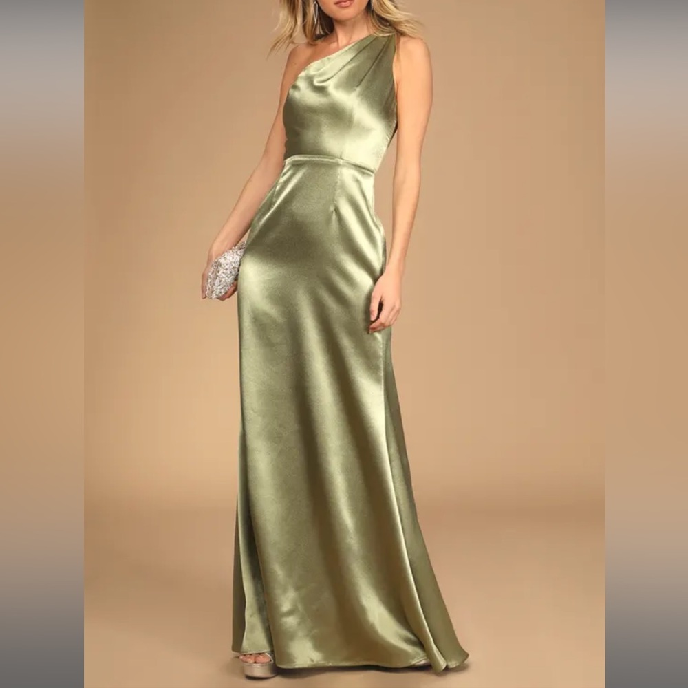Lulus On The Guest List Sage Green Satin One-Shoulder Maxi Dress